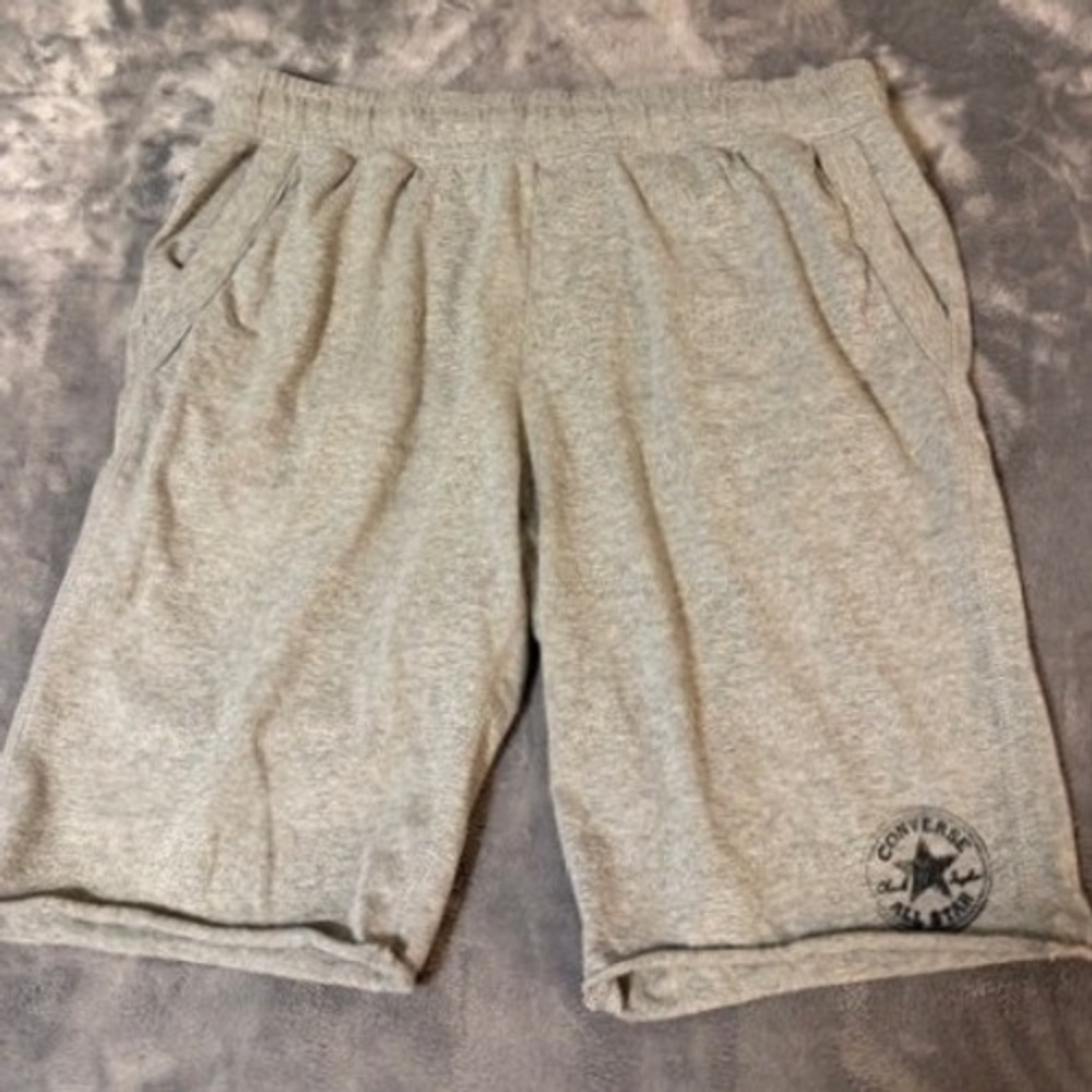 Converse All Star Mens Gray Cotton Jersey Sweat Shorts Large Logo Raw Hem